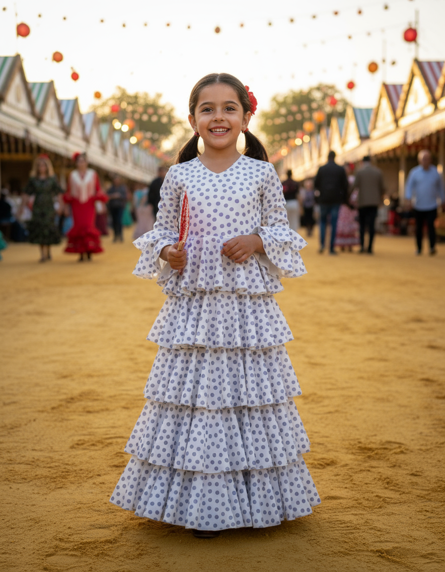 TRAJE FLAMENCA DE NIÑA  BLANCO CON LUNARES LILAS 221121
