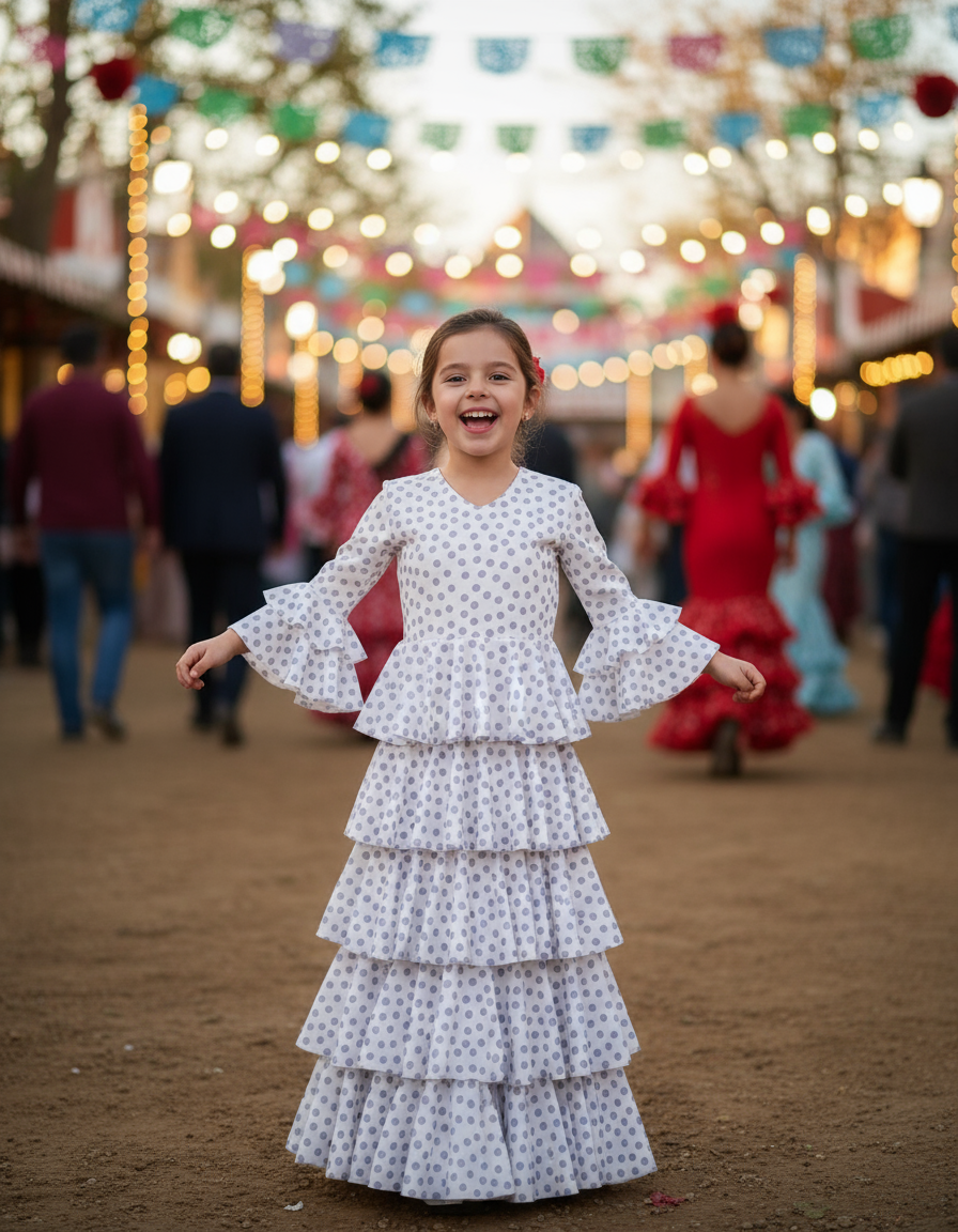 TRAJE FLAMENCA DE NIÑA  BLANCO CON LUNARES LILAS 221121