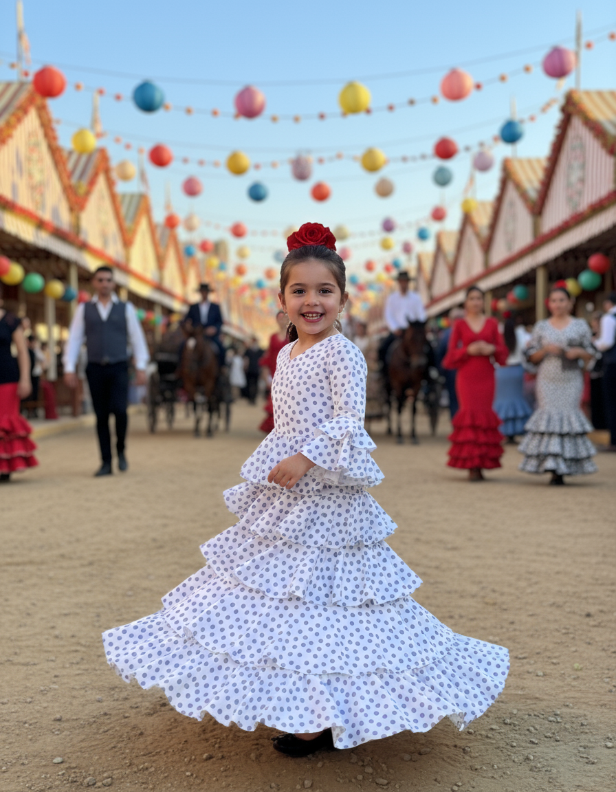 TRAJE FLAMENCA DE NIÑA  BLANCO CON LUNARES LILAS 221121