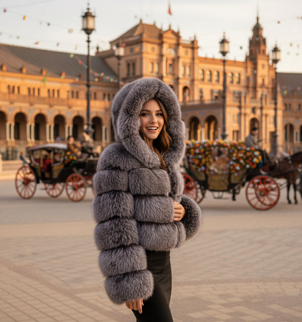 EMMA WU SELECTION Abrigo corto de manga larga de piel sintética con capucha