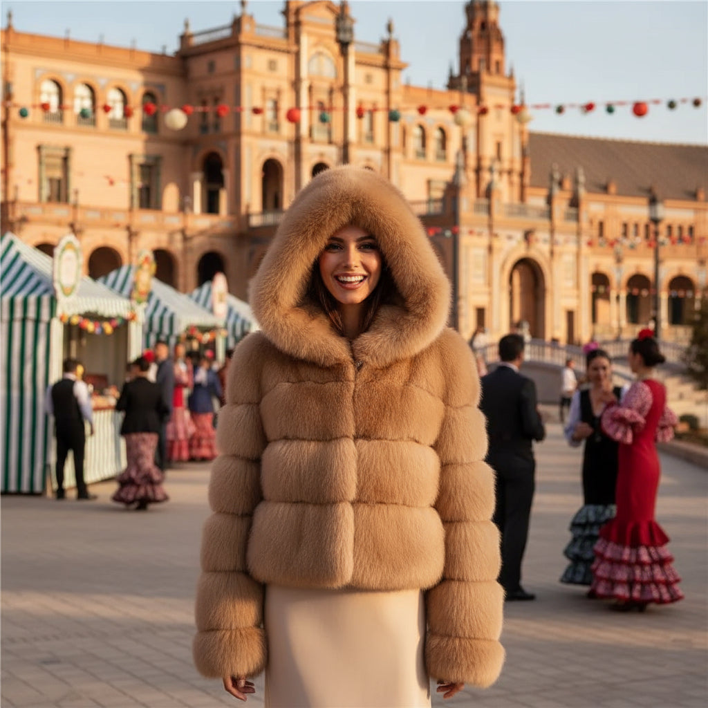 EMMA WU SELECTION Abrigo corto de manga larga de piel sintética con capucha