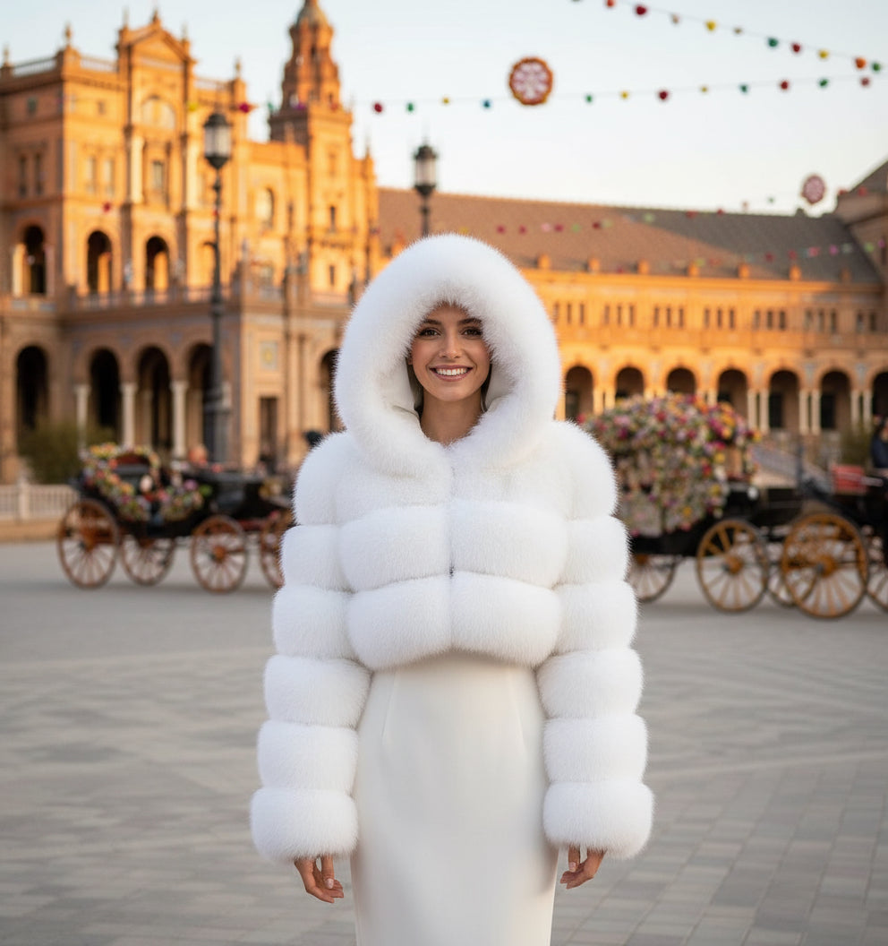 EMMA WU SELECTION Abrigo corto de manga larga de piel sintética con capucha