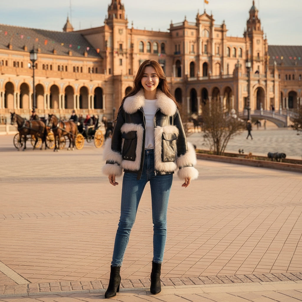 EMMA WU SELECTION Abrigo de cuero con costura de piel de zorro Sense