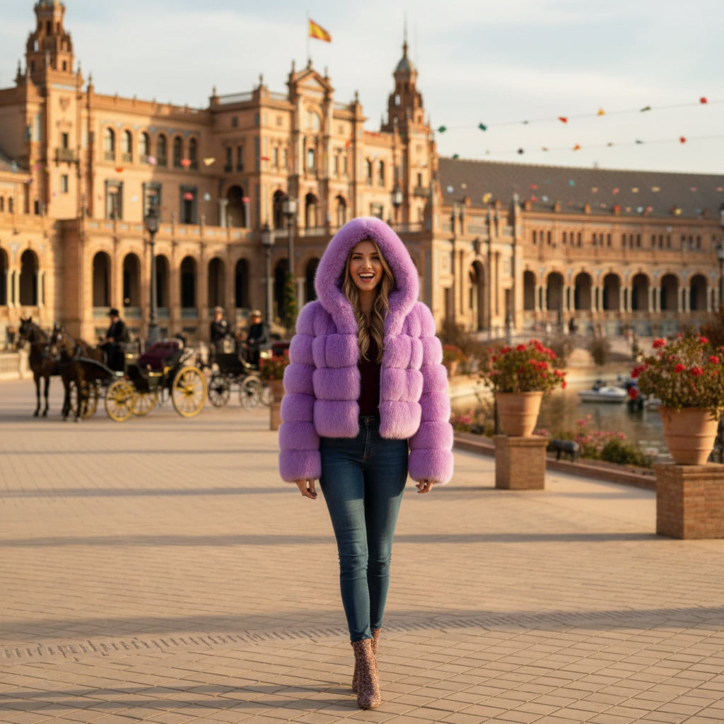 EMMA WU SELECTION Abrigo corto de manga larga de piel sintética con capucha