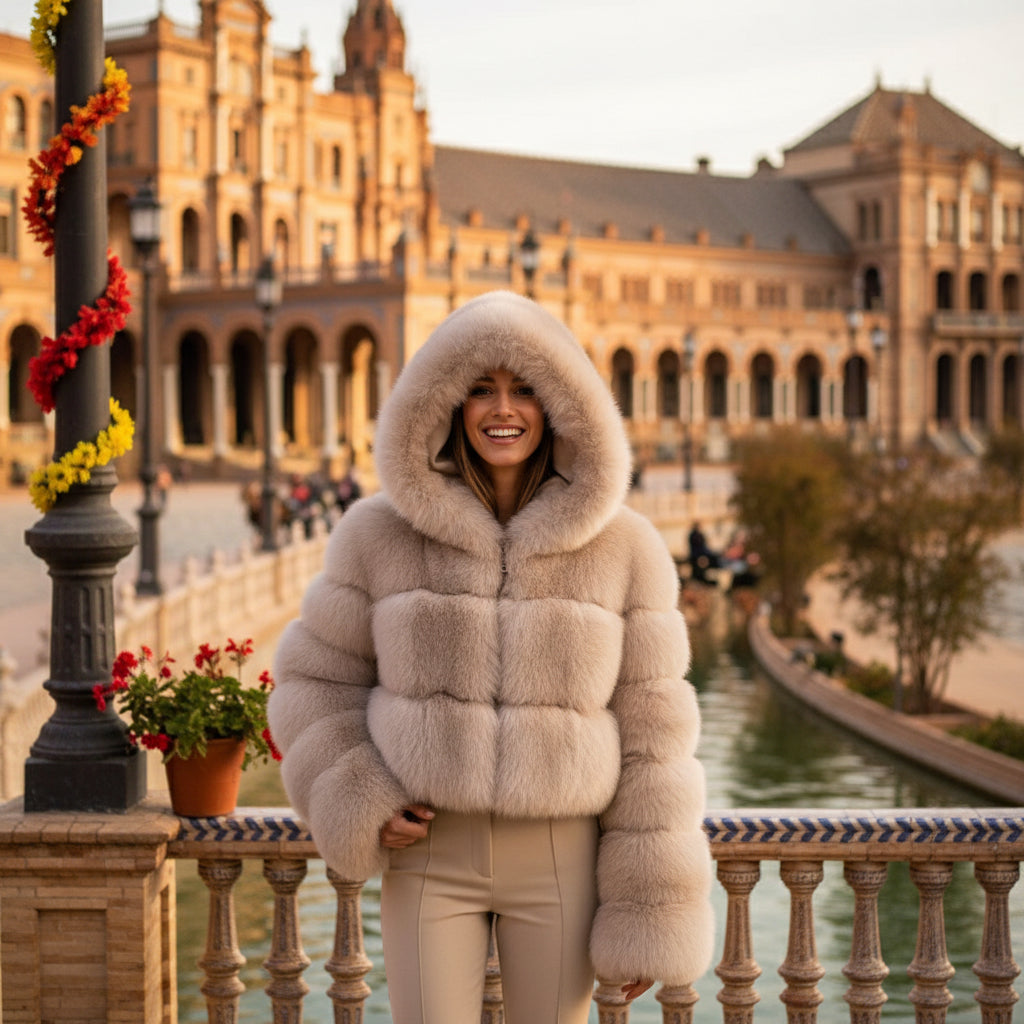 EMMA WU SELECTION Abrigo corto de manga larga de piel sintética con capucha