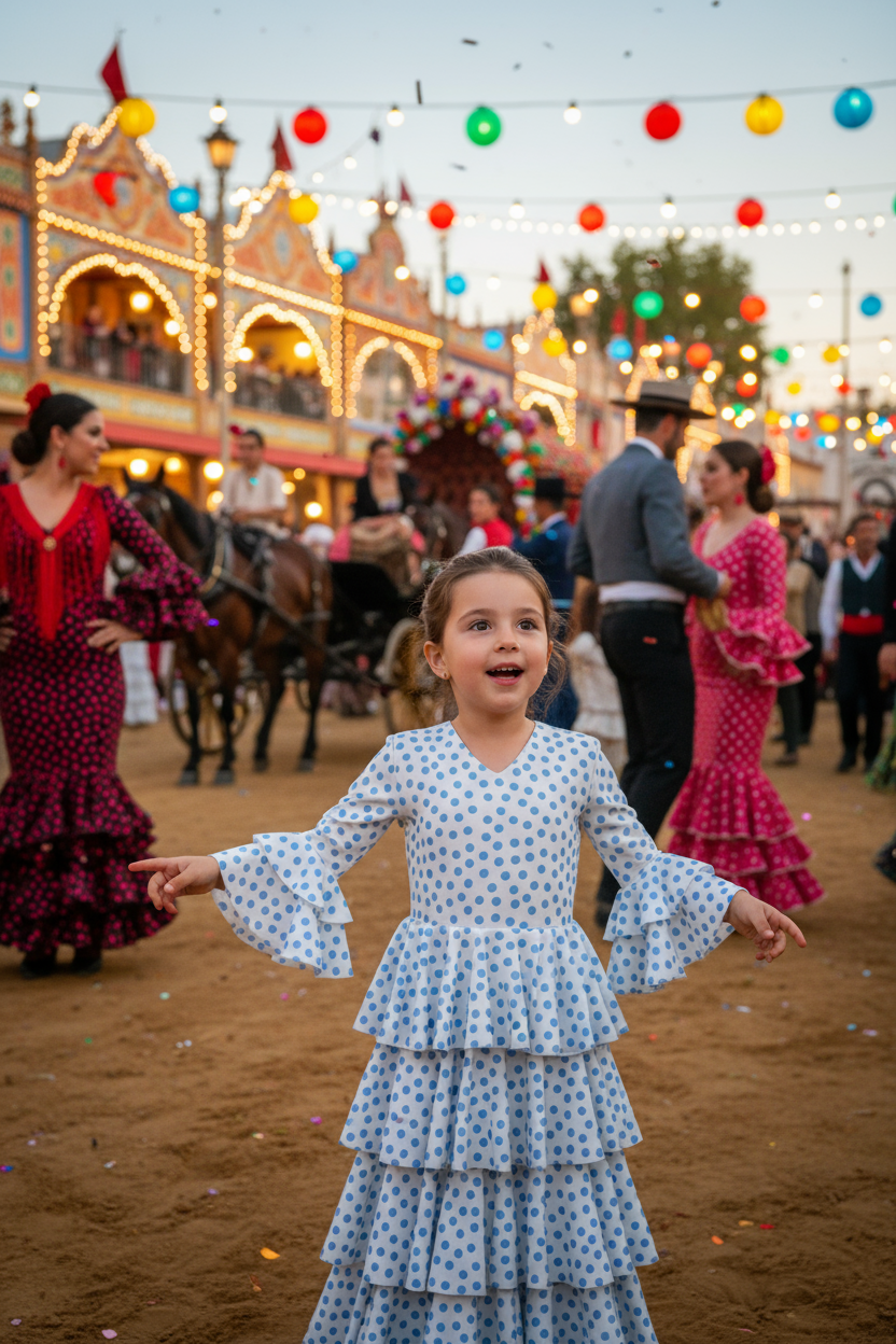 TRAJE FLAMENCA DE NIÑA  BLANCO CON LUNA AZULES 221121