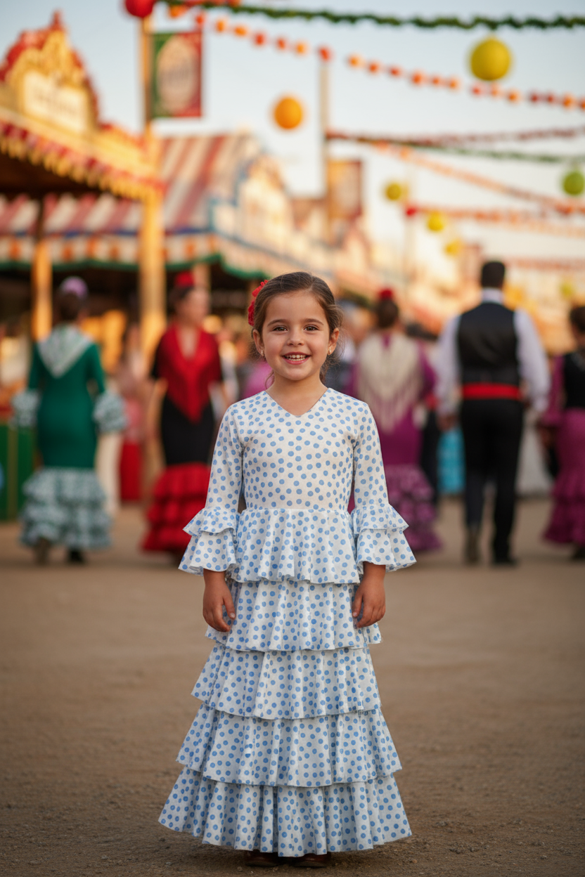 TRAJE FLAMENCA DE NIÑA  BLANCO CON LUNA AZULES 221121