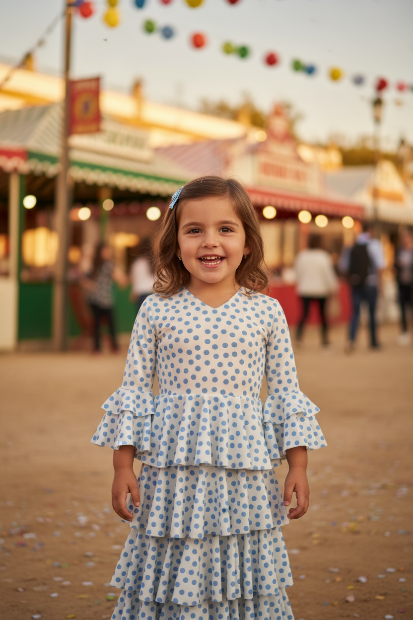 TRAJE FLAMENCA DE NIÑA  BLANCO CON LUNA AZULES 221121