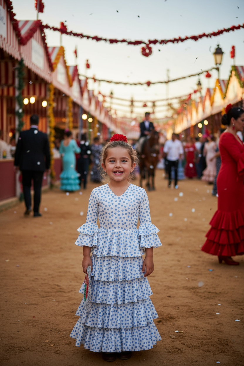 TRAJE FLAMENCA DE NIÑA  BLANCO CON LUNA AZULES 221121