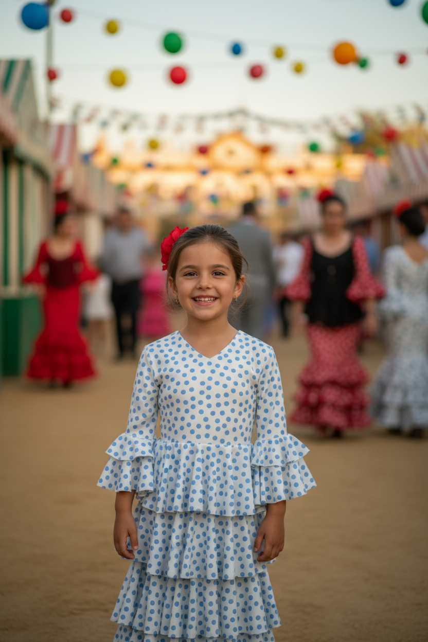 TRAJE FLAMENCA DE NIÑA  BLANCO CON LUNA AZULES 221121