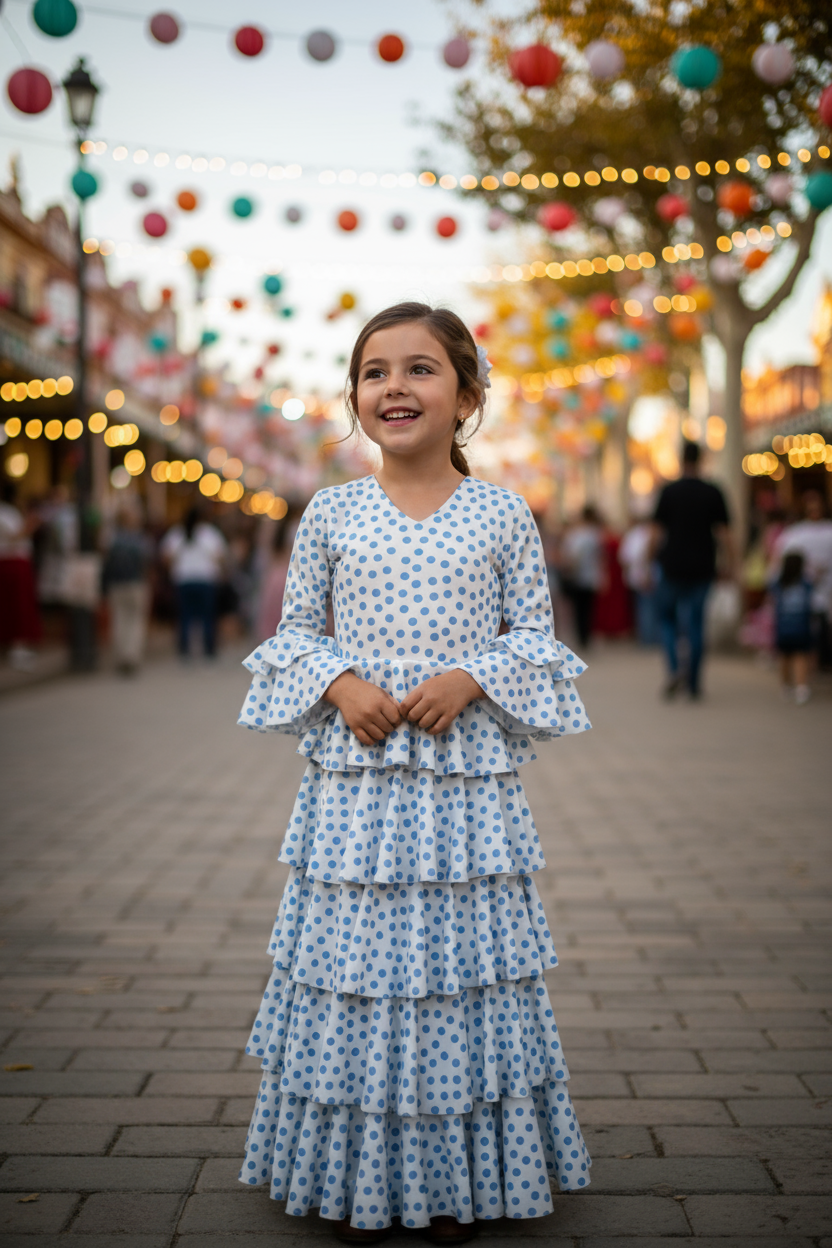 TRAJE FLAMENCA DE NIÑA  BLANCO CON LUNA AZULES 221121