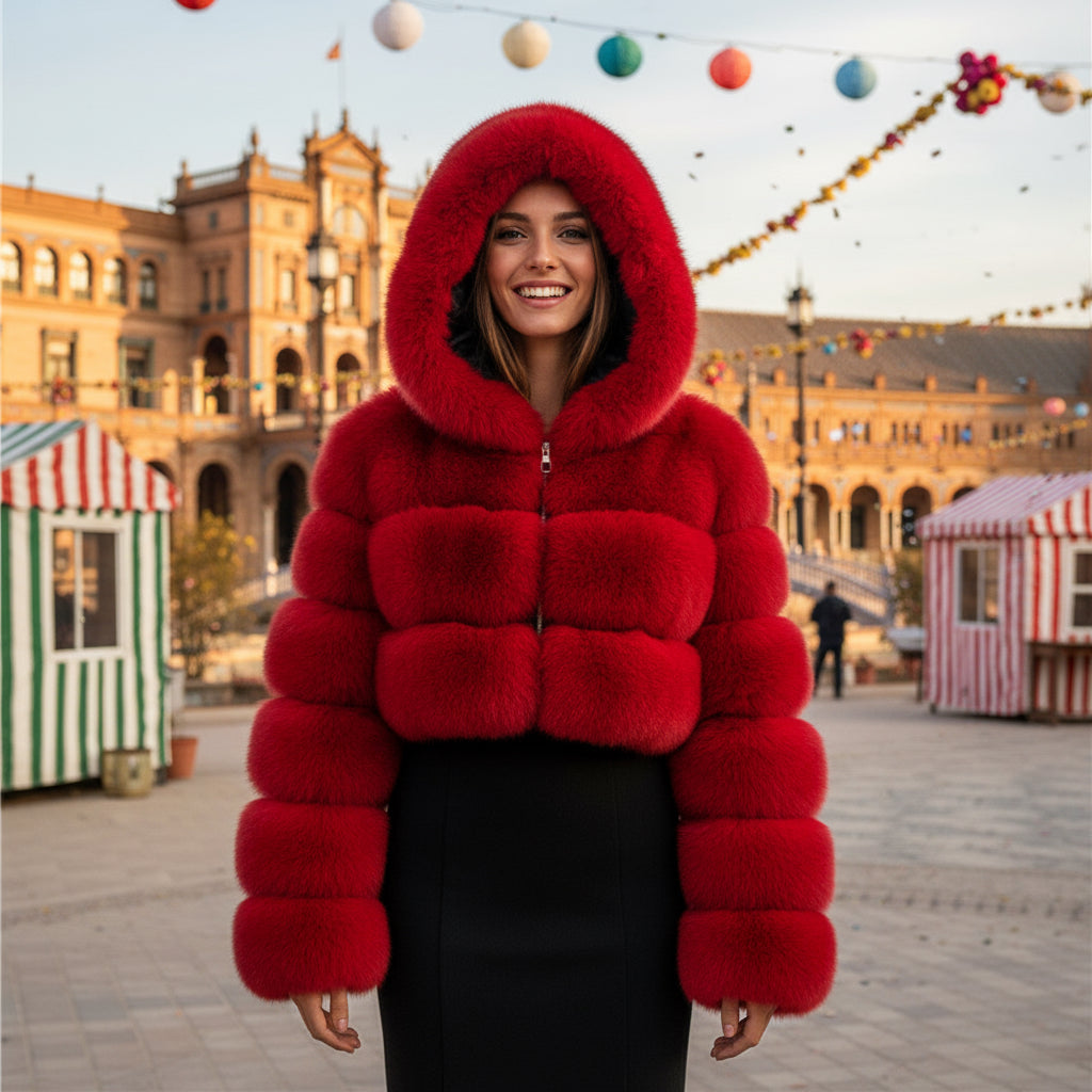 EMMA WU SELECTION Abrigo corto de manga larga de piel sintética con capucha