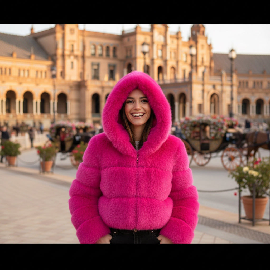 EMMA WU SELECTION Abrigo corto de manga larga de piel sintética con capucha