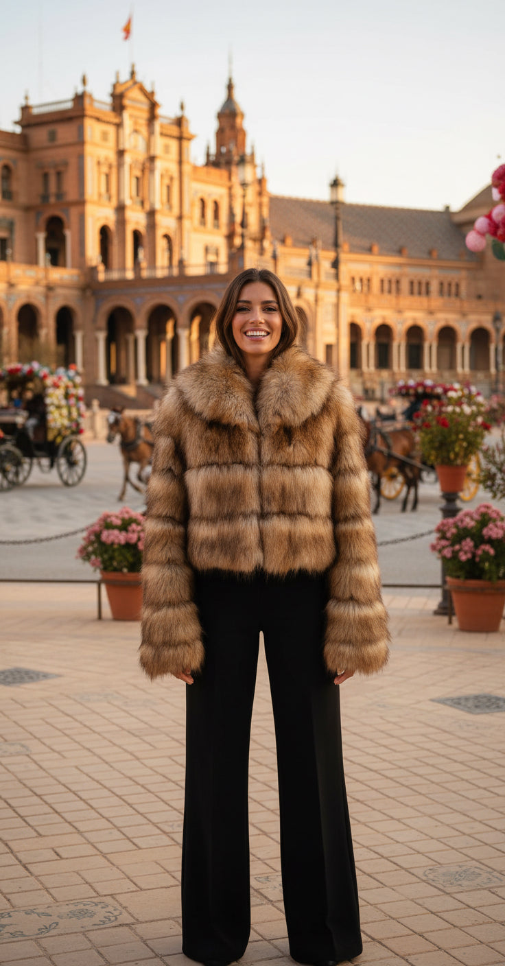 EMMA WU SELECTION Abrigo corto de manga larga de piel sintética con capucha