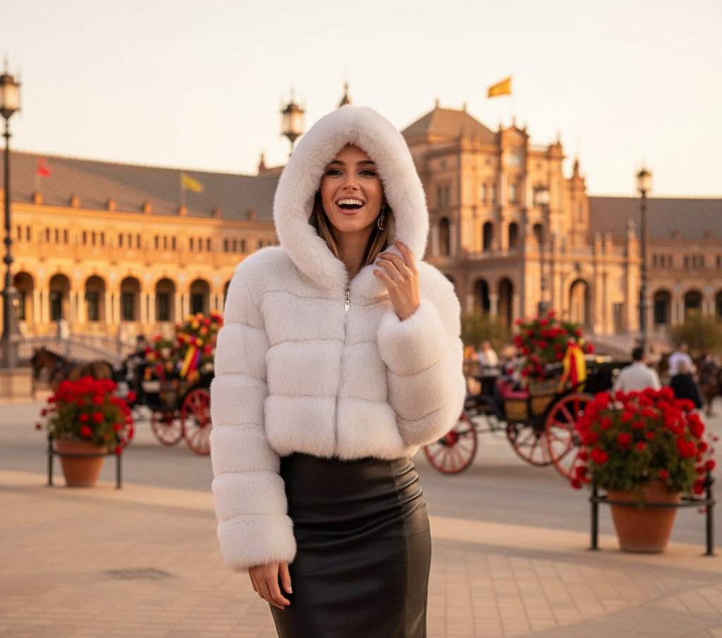 EMMA WU SELECTION Abrigo corto de manga larga de piel sintética con capucha