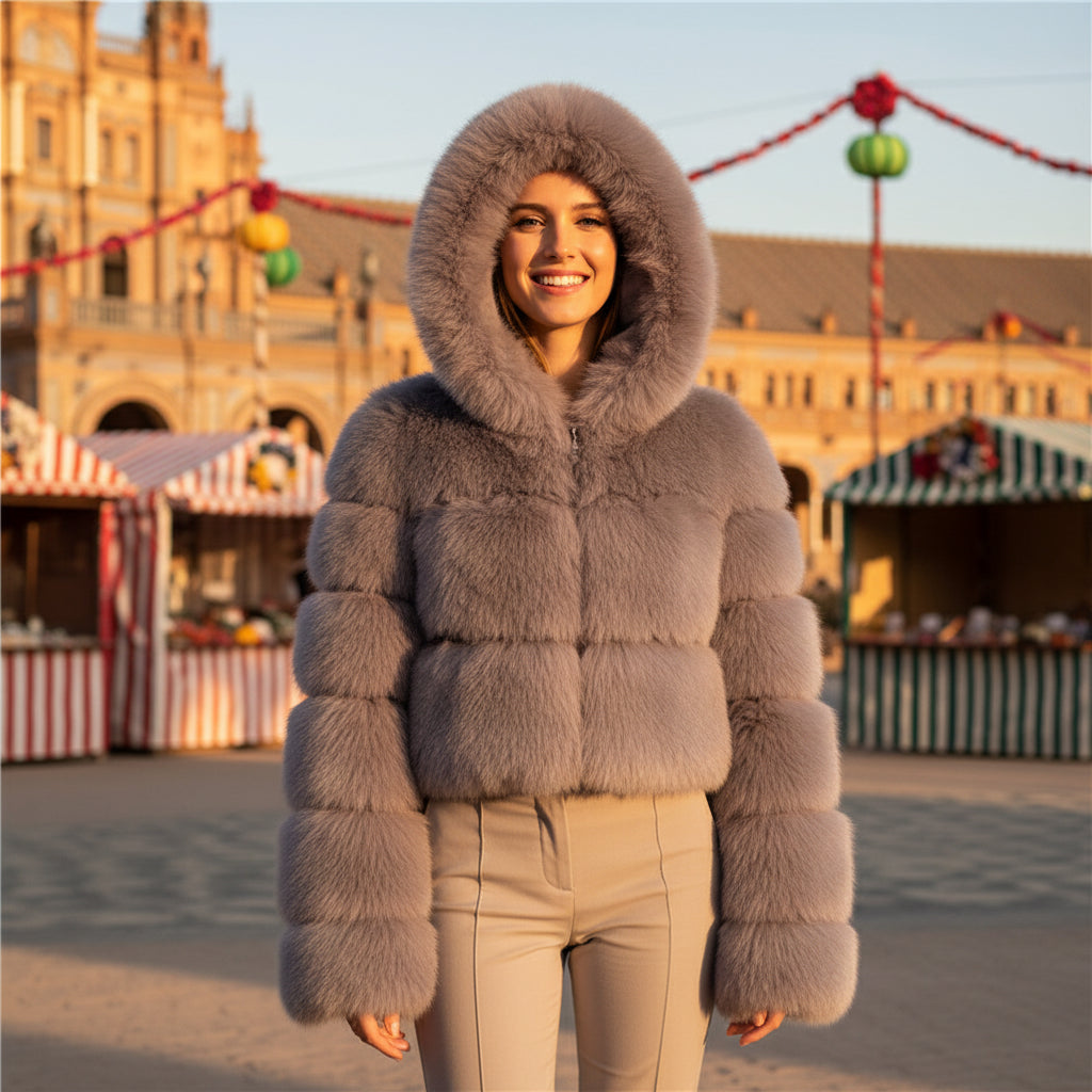 EMMA WU SELECTION Abrigo corto de manga larga de piel sintética con capucha