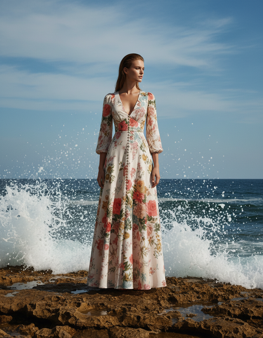 EMMA WU SELECTION Vestido Largo Romántico Escote V Manga Larga