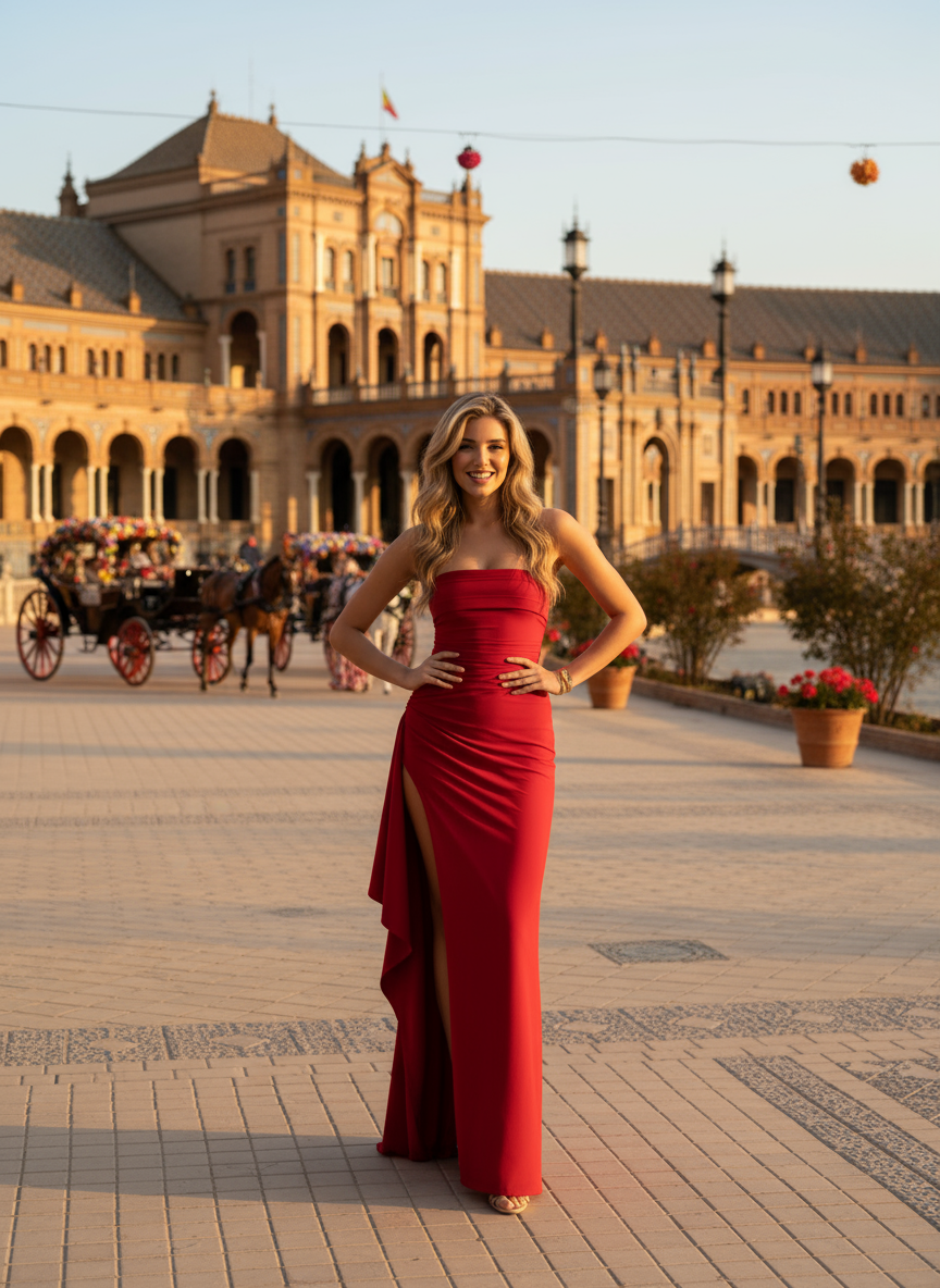 EMMA WU SELECTION Vestido Largo Color Sólido Rojo con Espalda Descubierta y Cintura Alta para Moda Noche y Fiesta