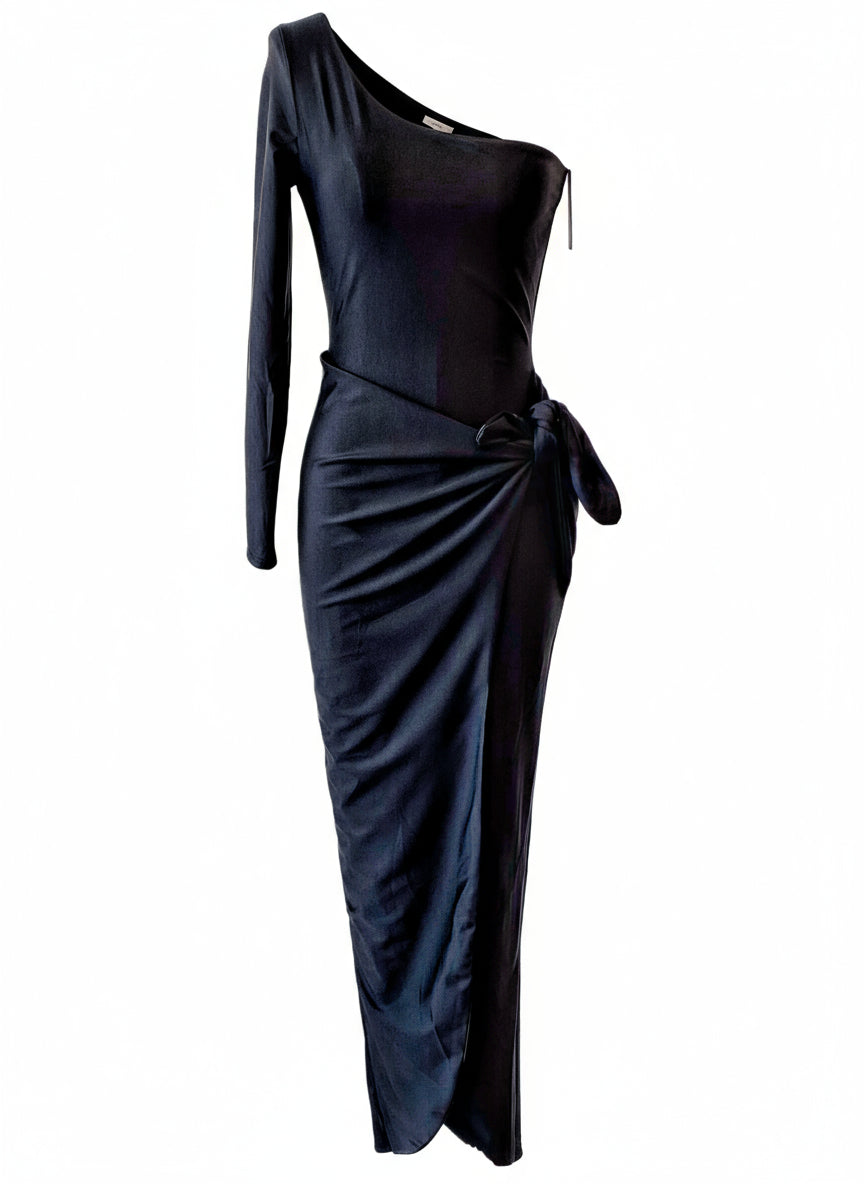 SHINY BLACK STRETCH LONG DRESS 4746