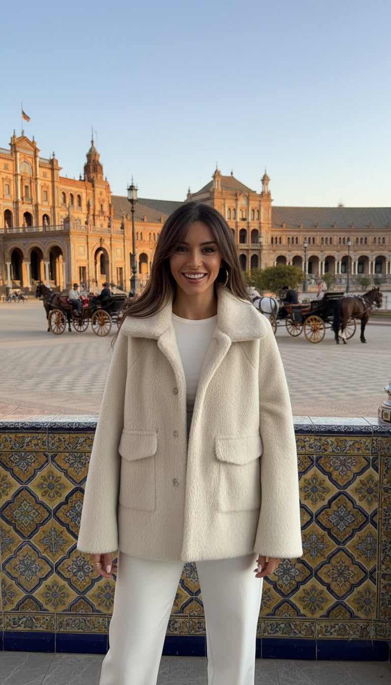 EMMA WU SELECTION Abrigo de felpa de manga larga con solapa suelta y botonadura sencilla para invierno, chaqueta corta de felpa para mujer