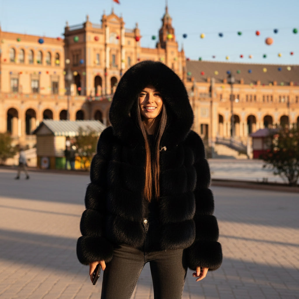 EMMA WU SELECTION Abrigo corto de manga larga de piel sintética con capucha