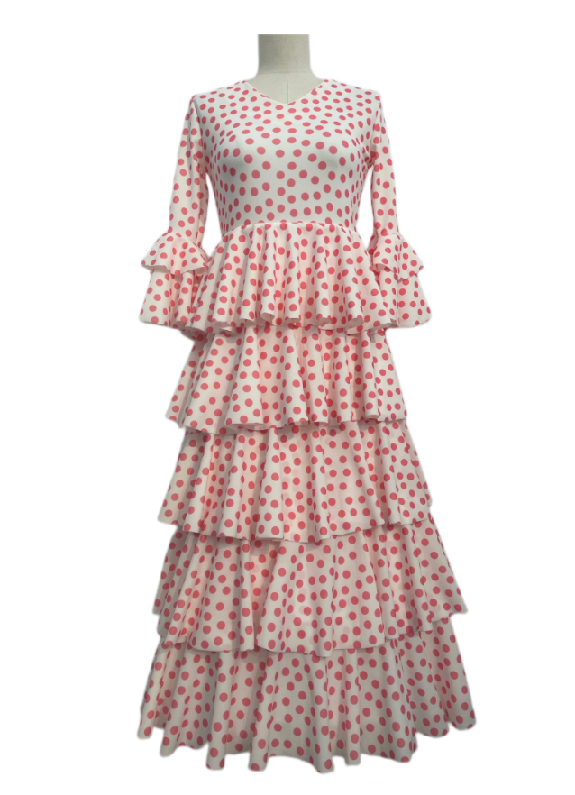 TRAJE FLAMENCA DE NIÑA  BLANCO CON LUNARES ROSAS 221121