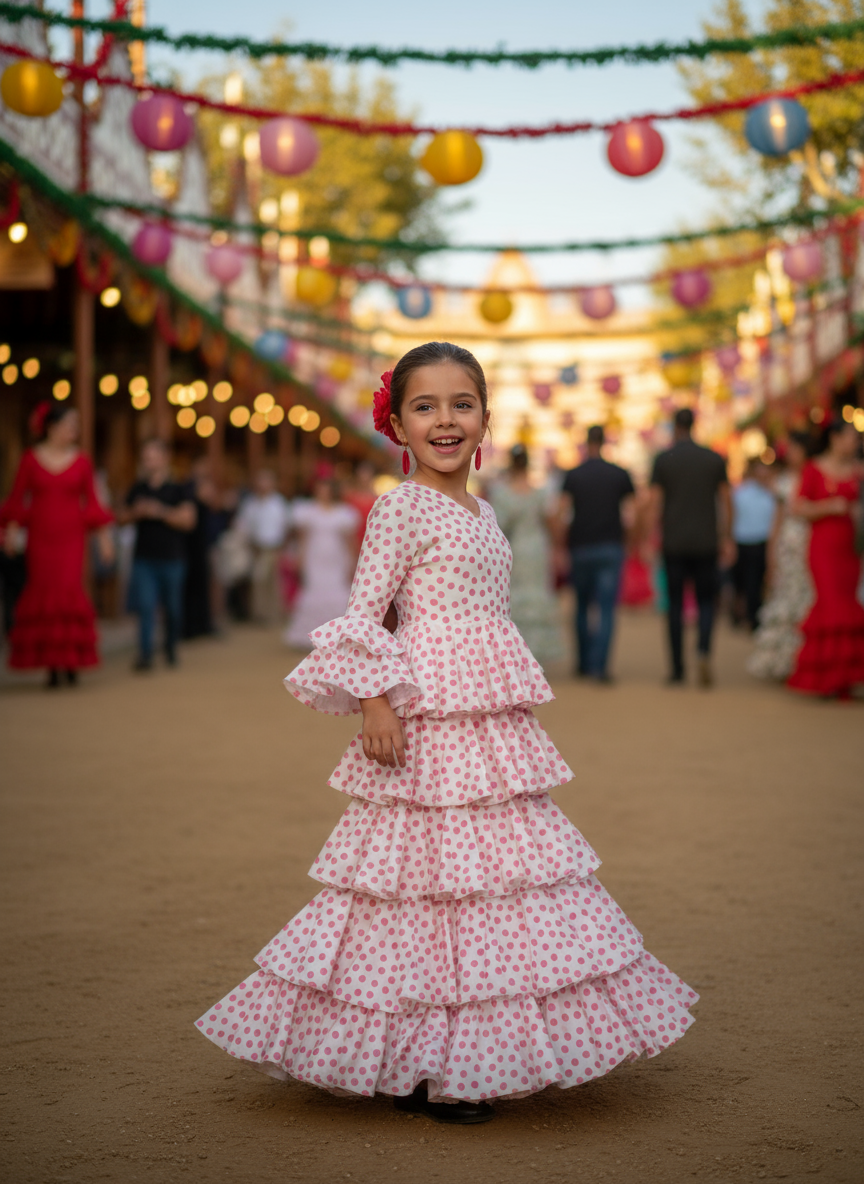 TRAJE FLAMENCA DE NIÑA  BLANCO CON LUNARES ROSAS 221121