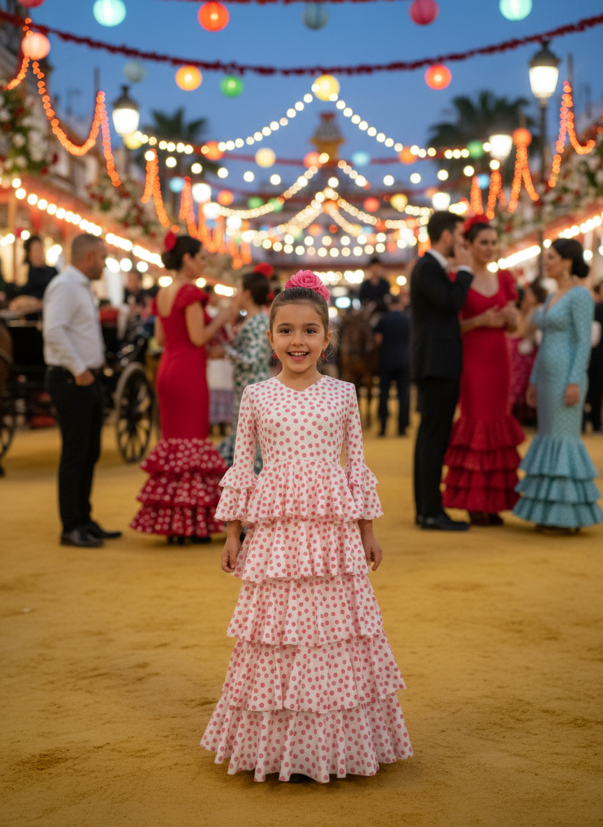 TRAJE FLAMENCA DE NIÑA  BLANCO CON LUNARES ROSAS 221121