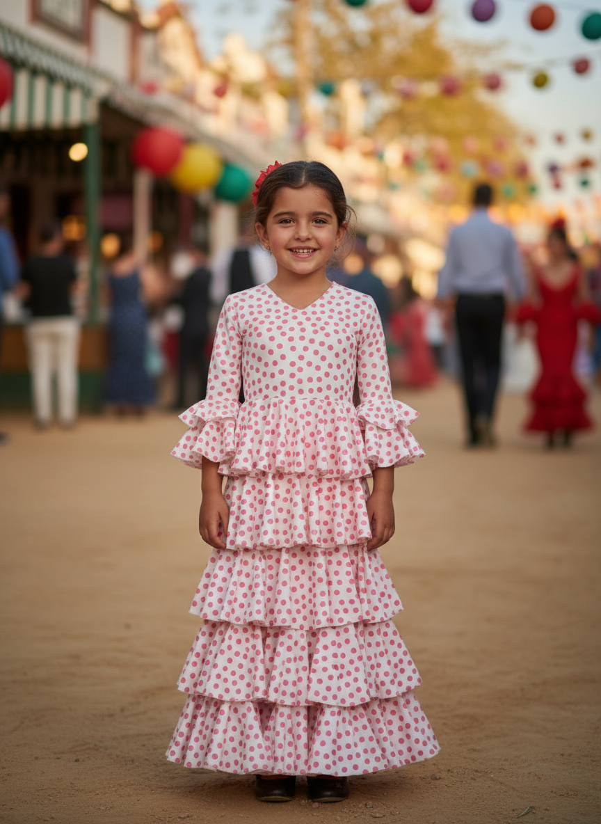 TRAJE FLAMENCA DE NIÑA  BLANCO CON LUNARES ROSAS 221121