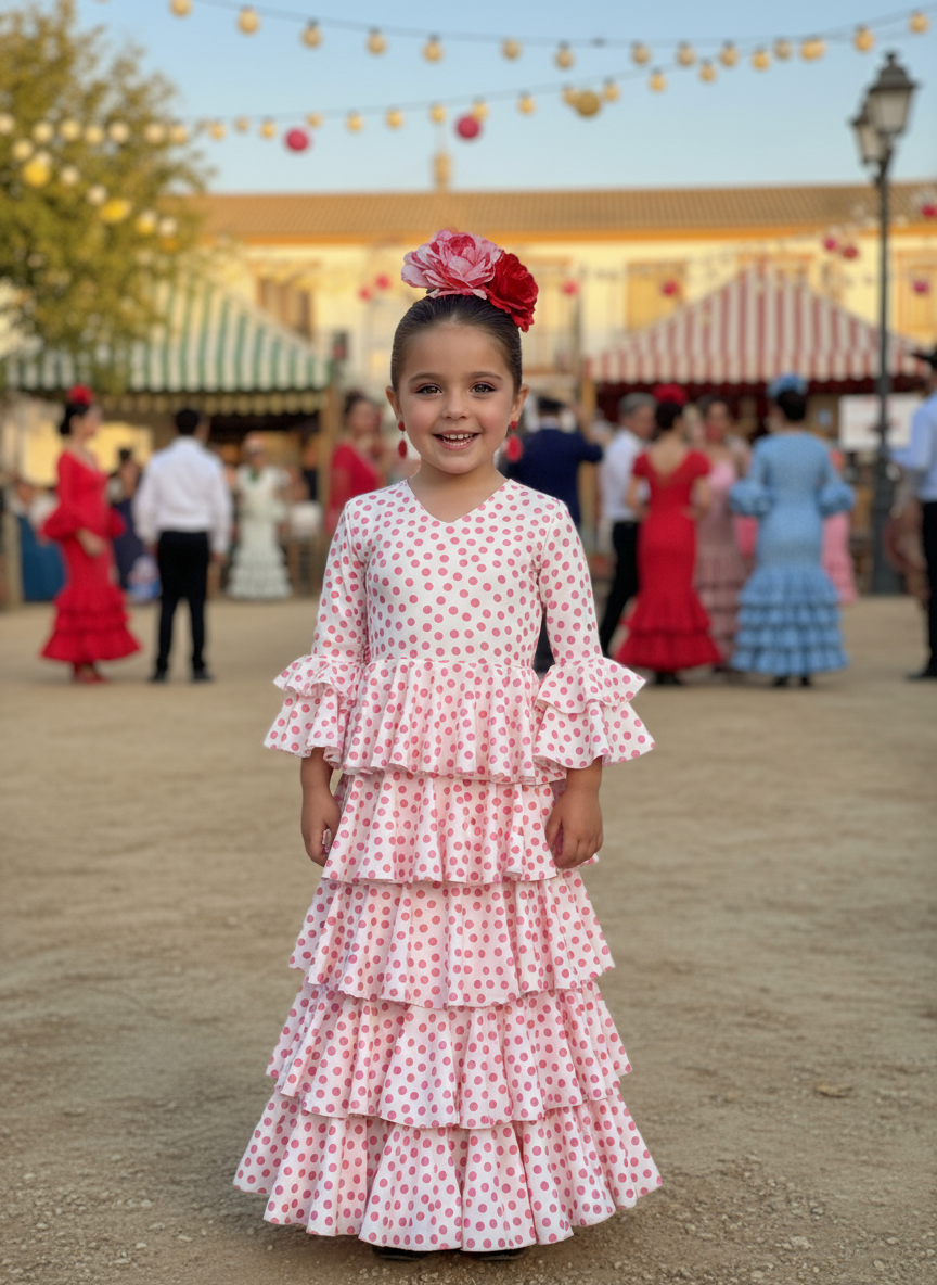 TRAJE FLAMENCA DE NIÑA  BLANCO CON LUNARES ROSAS 221121