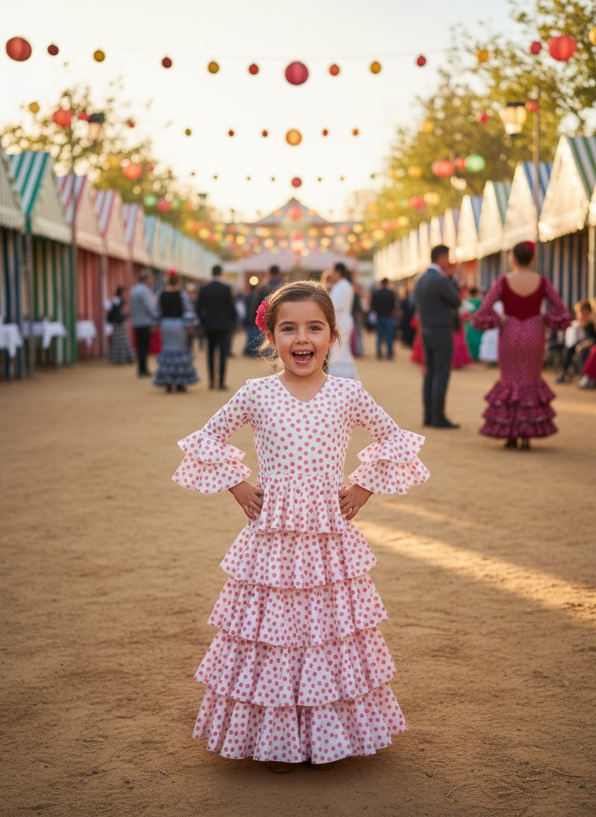 TRAJE FLAMENCA DE NIÑA  BLANCO CON LUNARES ROSAS 221121