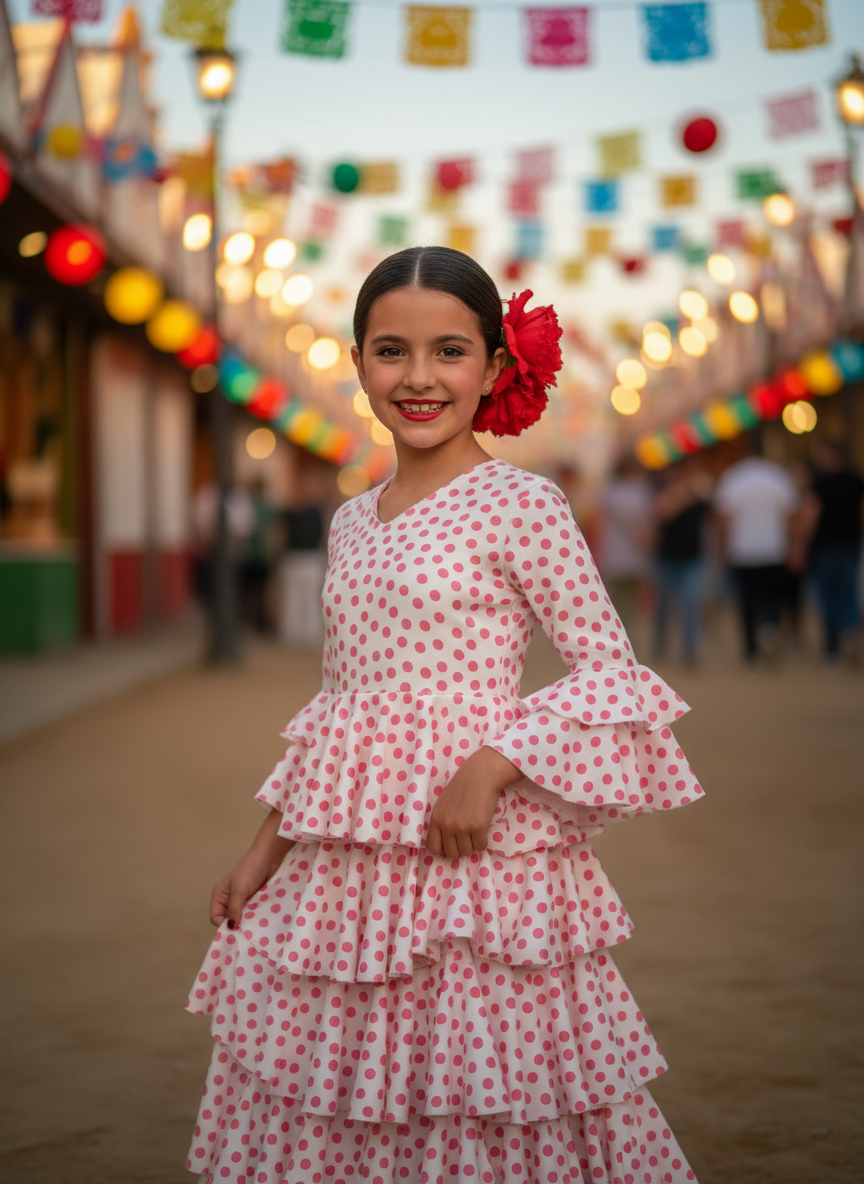 TRAJE FLAMENCA DE NIÑA  BLANCO CON LUNARES ROSAS 221121