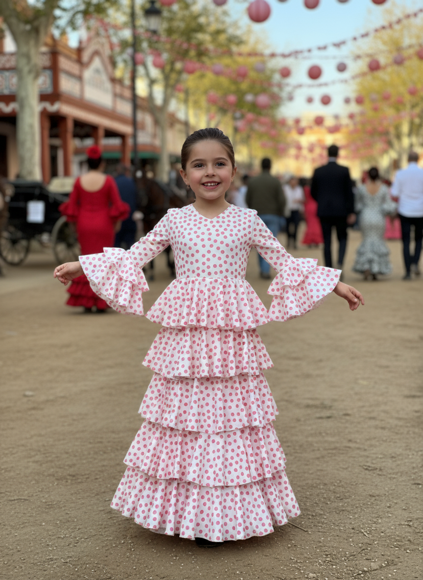 TRAJE FLAMENCA DE NIÑA  BLANCO CON LUNARES ROSAS 221121