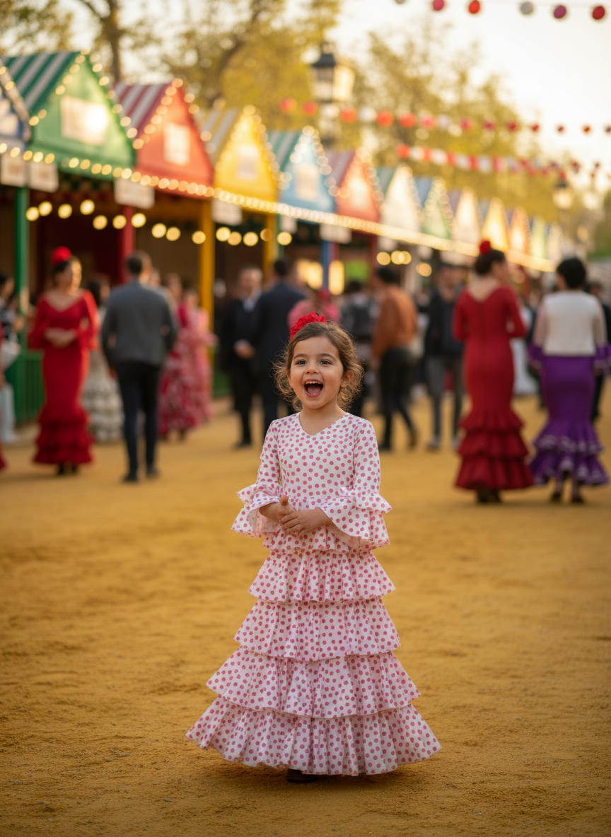 TRAJE FLAMENCA DE NIÑA  BLANCO CON LUNARES ROSAS 221121