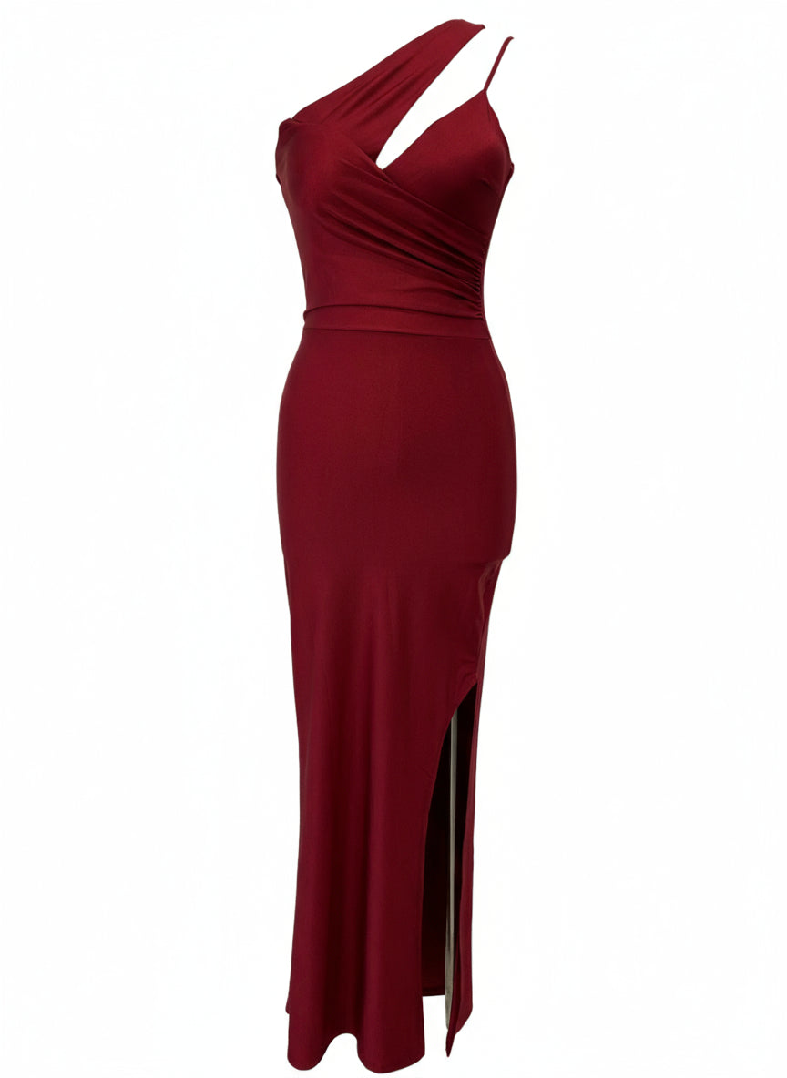 LONG BURGUNDY SHINY ELASTIC DRESS 25017