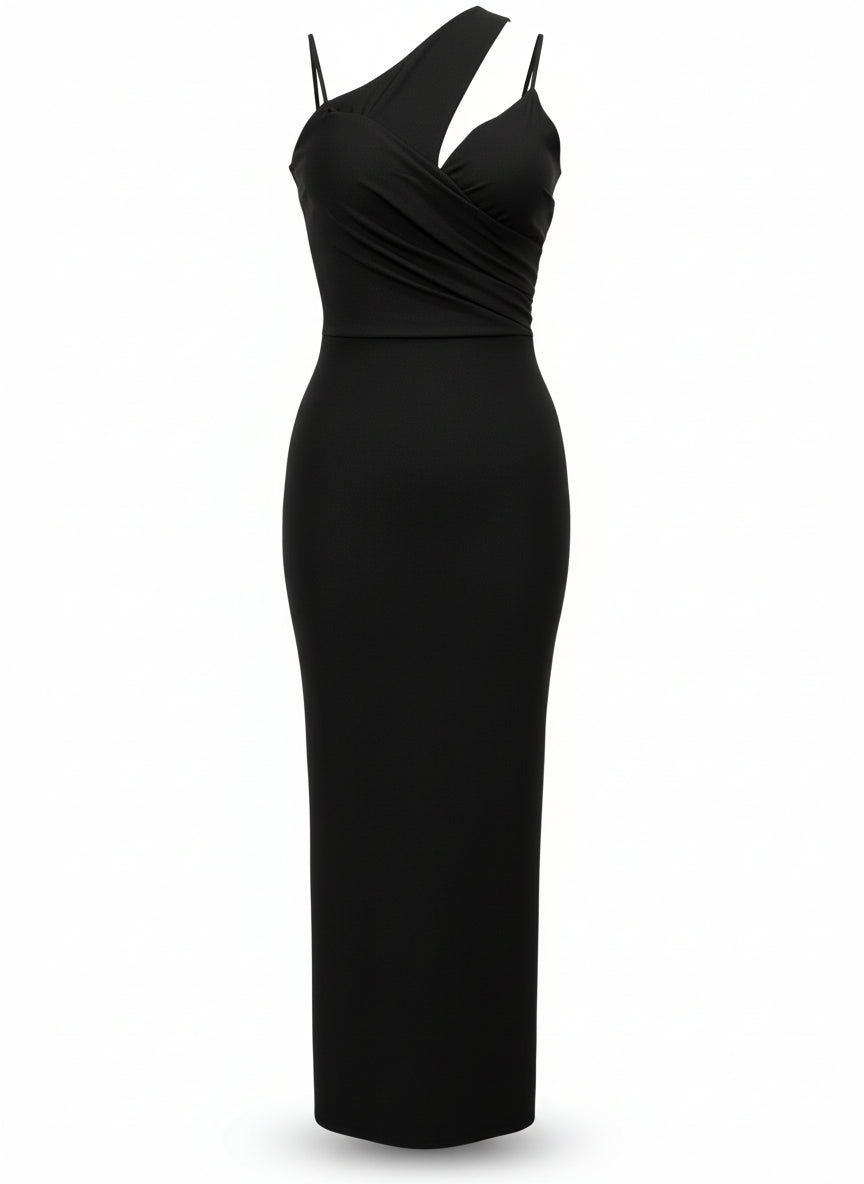 SHINY BLACK STRETCH LONG DRESS 25017