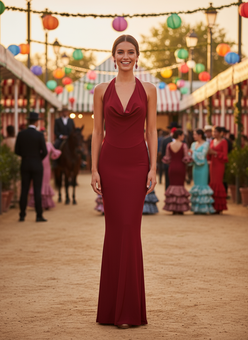 LONG BURGUNDY SHINY ELASTIC DRESS 23917