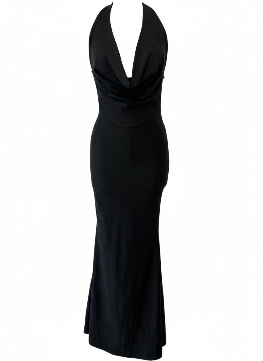 SHINY BLACK STRETCH LONG DRESS 23917