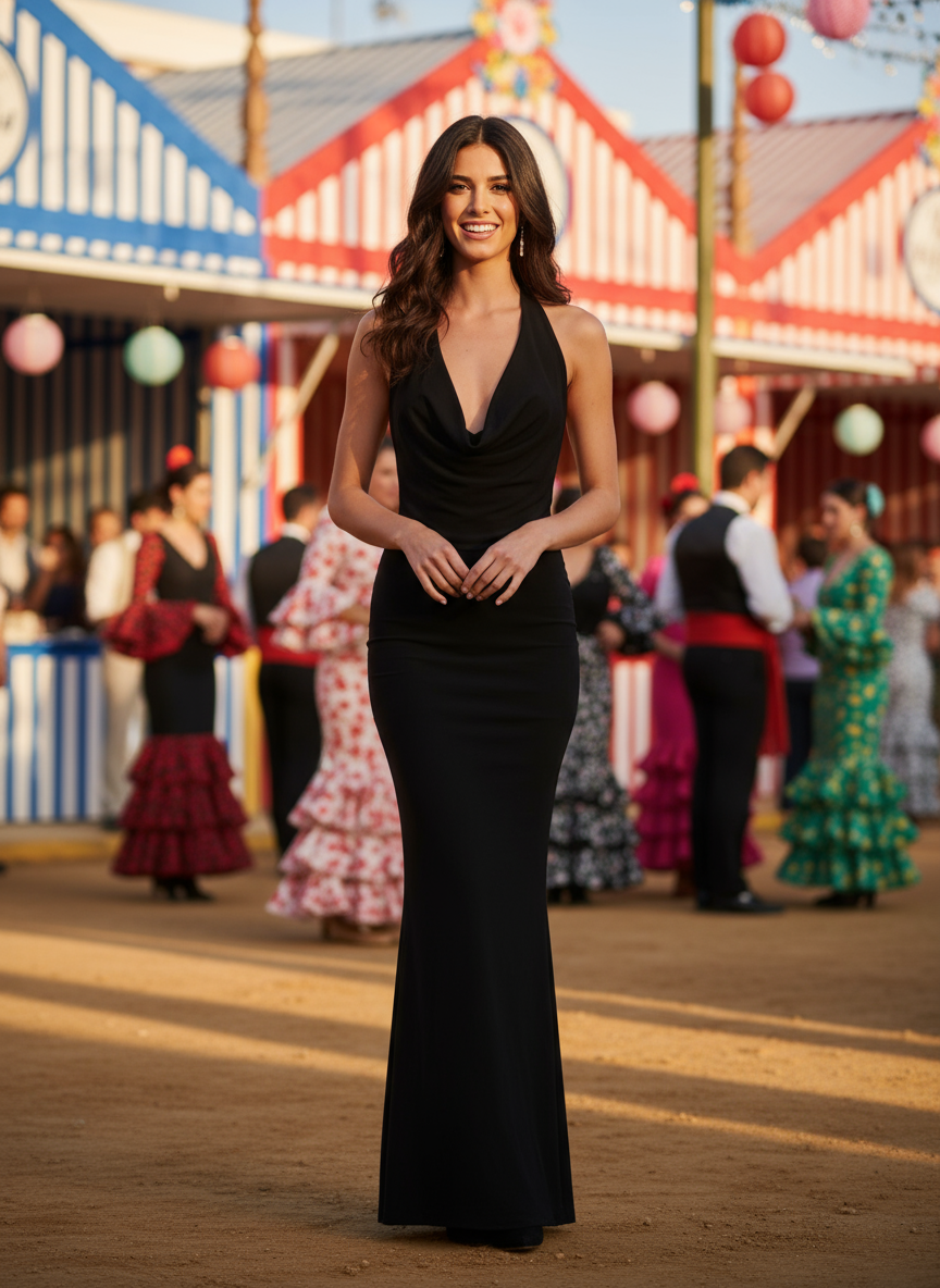 SHINY BLACK STRETCH LONG DRESS 23917