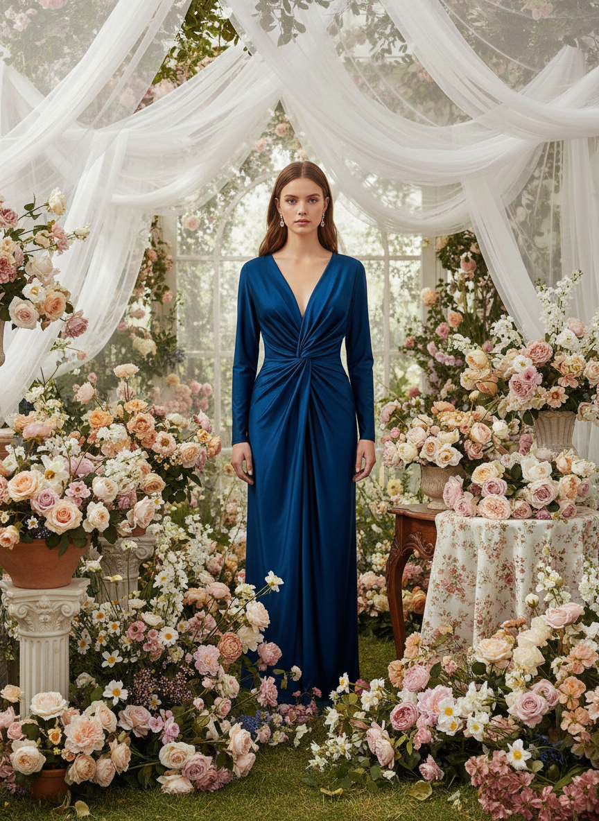 VESTIDO LARGO ELÁSTICO BRILLANTE - AZUL PETRÓLEO - 5047