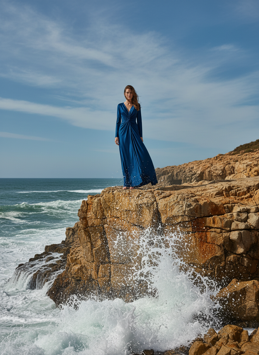 VESTIDO LARGO ELÁSTICO BRILLANTE - AZUL PETRÓLEO - 5047