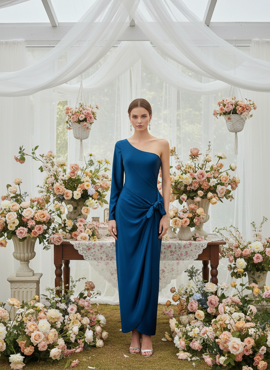 VESTIDO LARGO ELÁSTICO BRILLANTE - AZUL PETRÓLEO - 4746