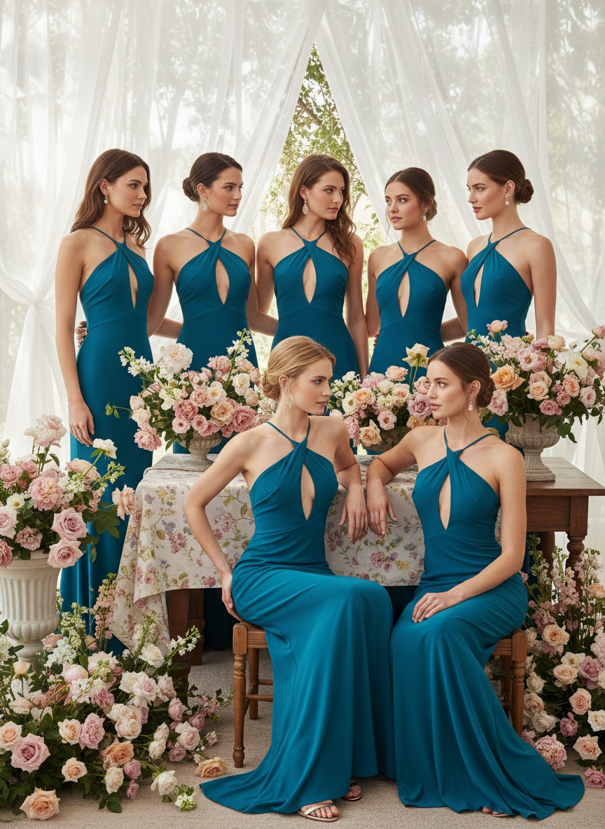 VESTIDO LARGO ELÁSTICO BRILLANTE - AZUL PETRÓLEO - 25081