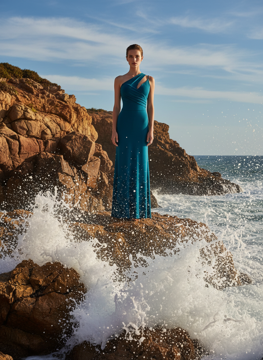 VESTIDO LARGO ELÁSTICO BRILLANTE - AZUL PETRÓLEO - 25017