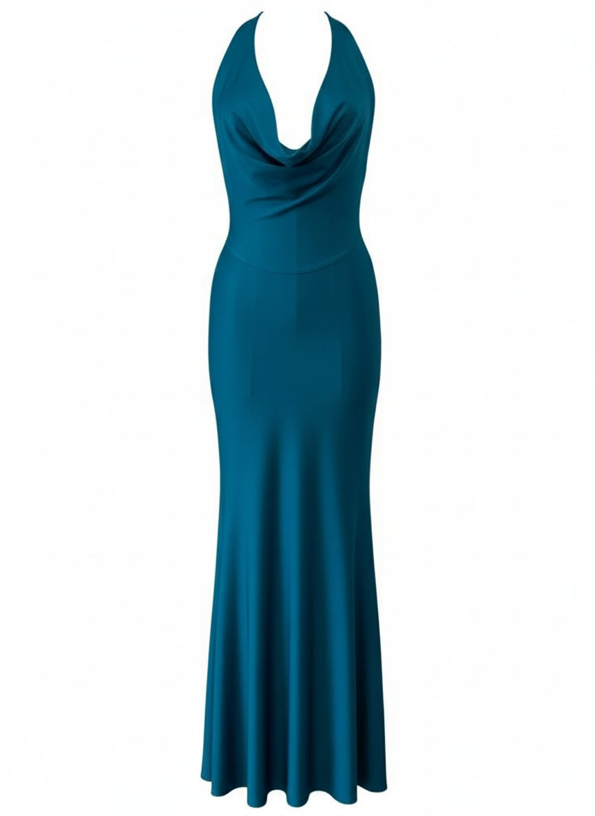 VESTIDO LARGO ELÁSTICO BRILLANTE - AZUL PETRÓLEO - 23917