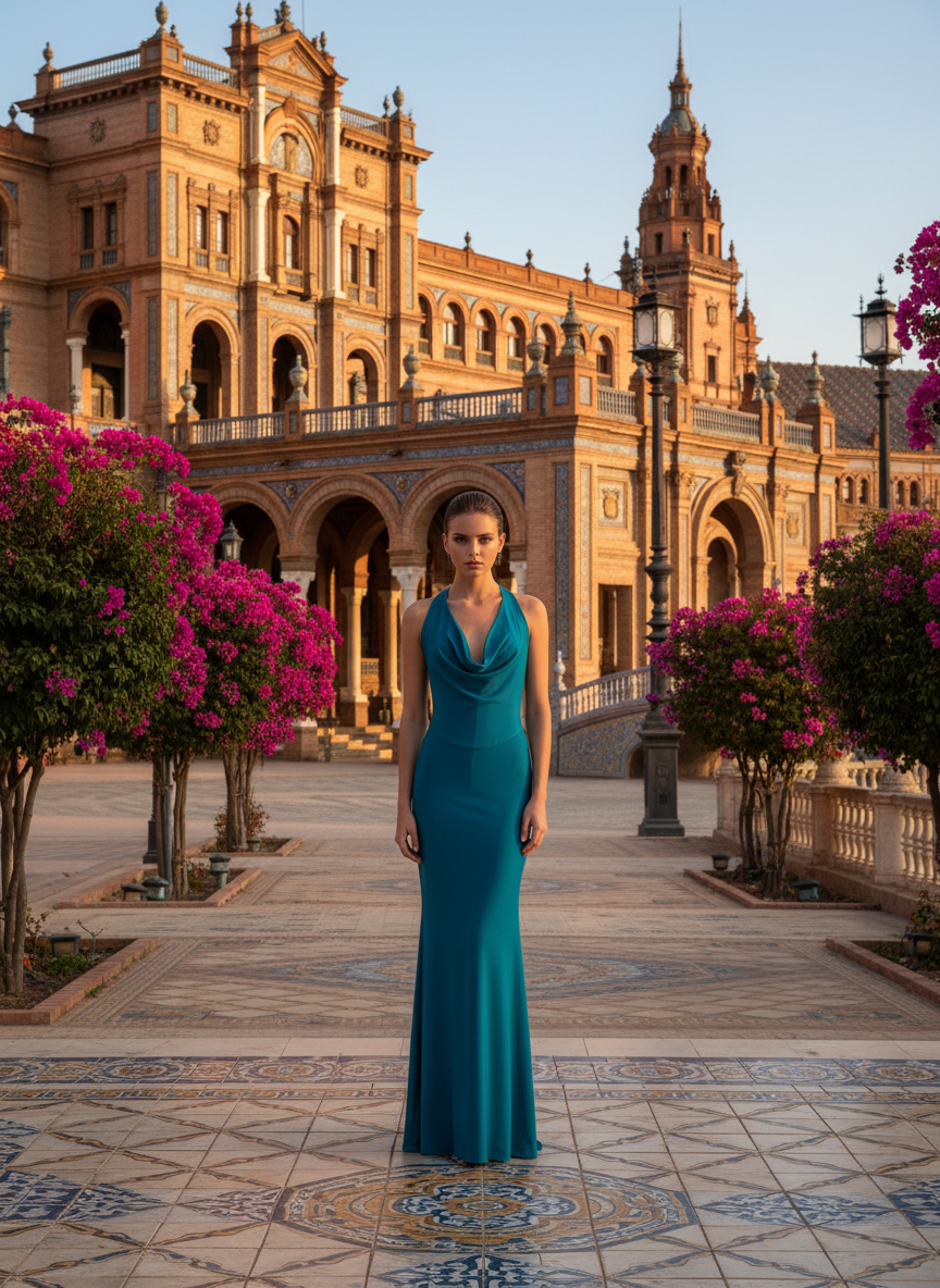 VESTIDO LARGO ELÁSTICO BRILLANTE - AZUL PETRÓLEO - 23917