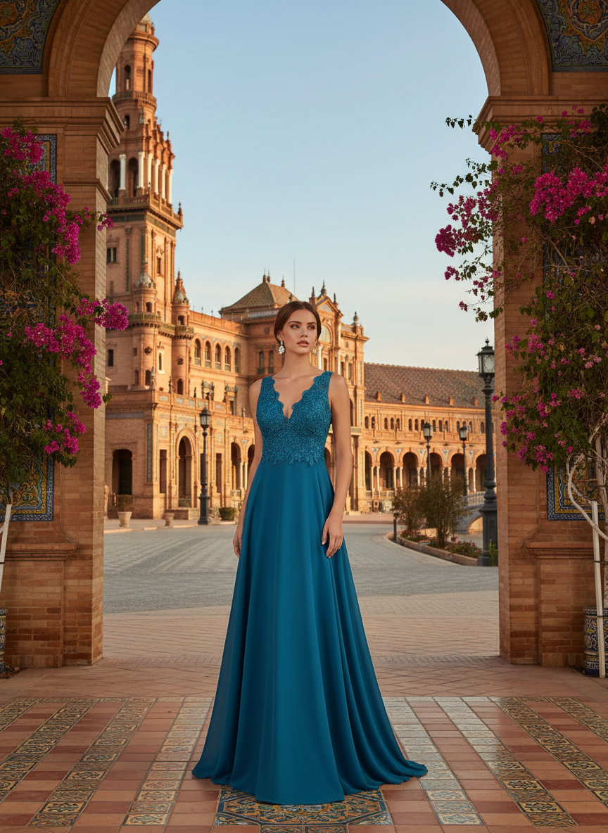 VESTIDO LARGO - AZUL PAVO - 8657