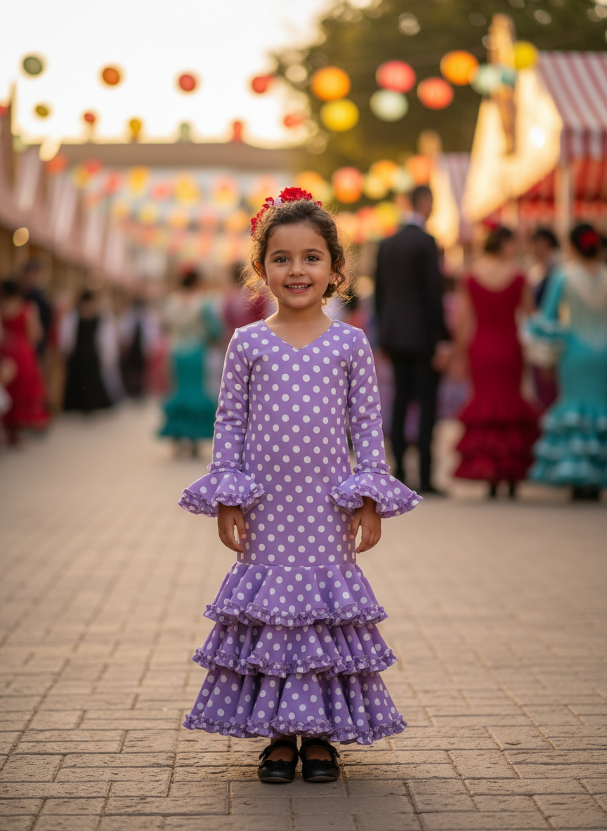 TRAJE FLAMENCA DE NIÑA  LILA CON LUNARES BLANCOS KL-502