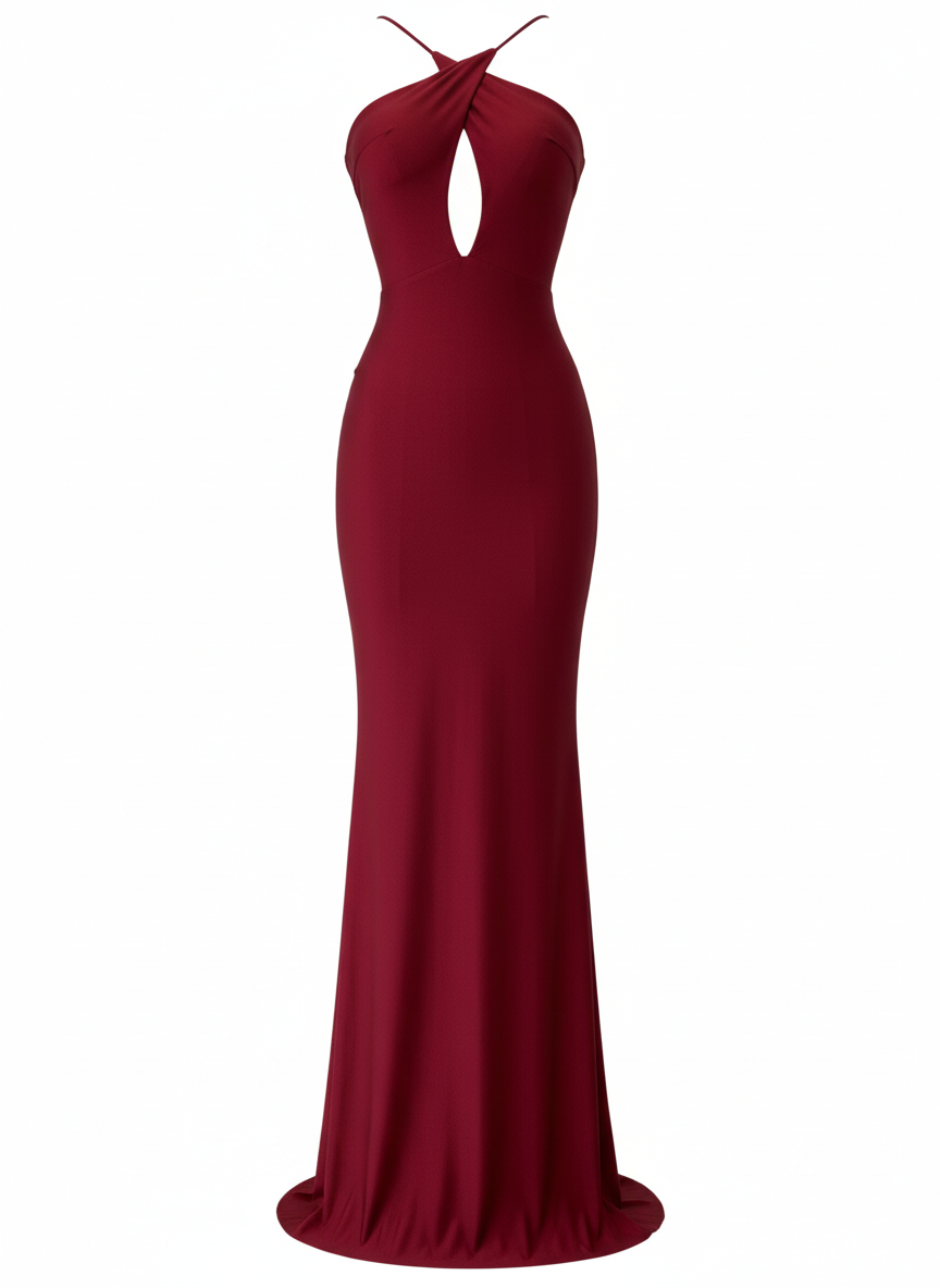 LONG BURGUNDY SHINY ELASTIC DRESS 25081