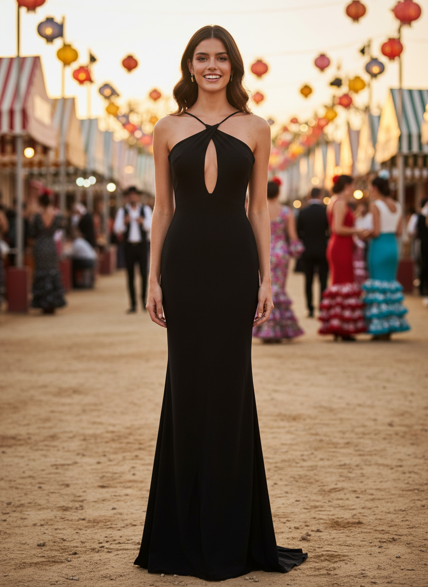 SHINY BLACK STRETCH LONG DRESS 25081